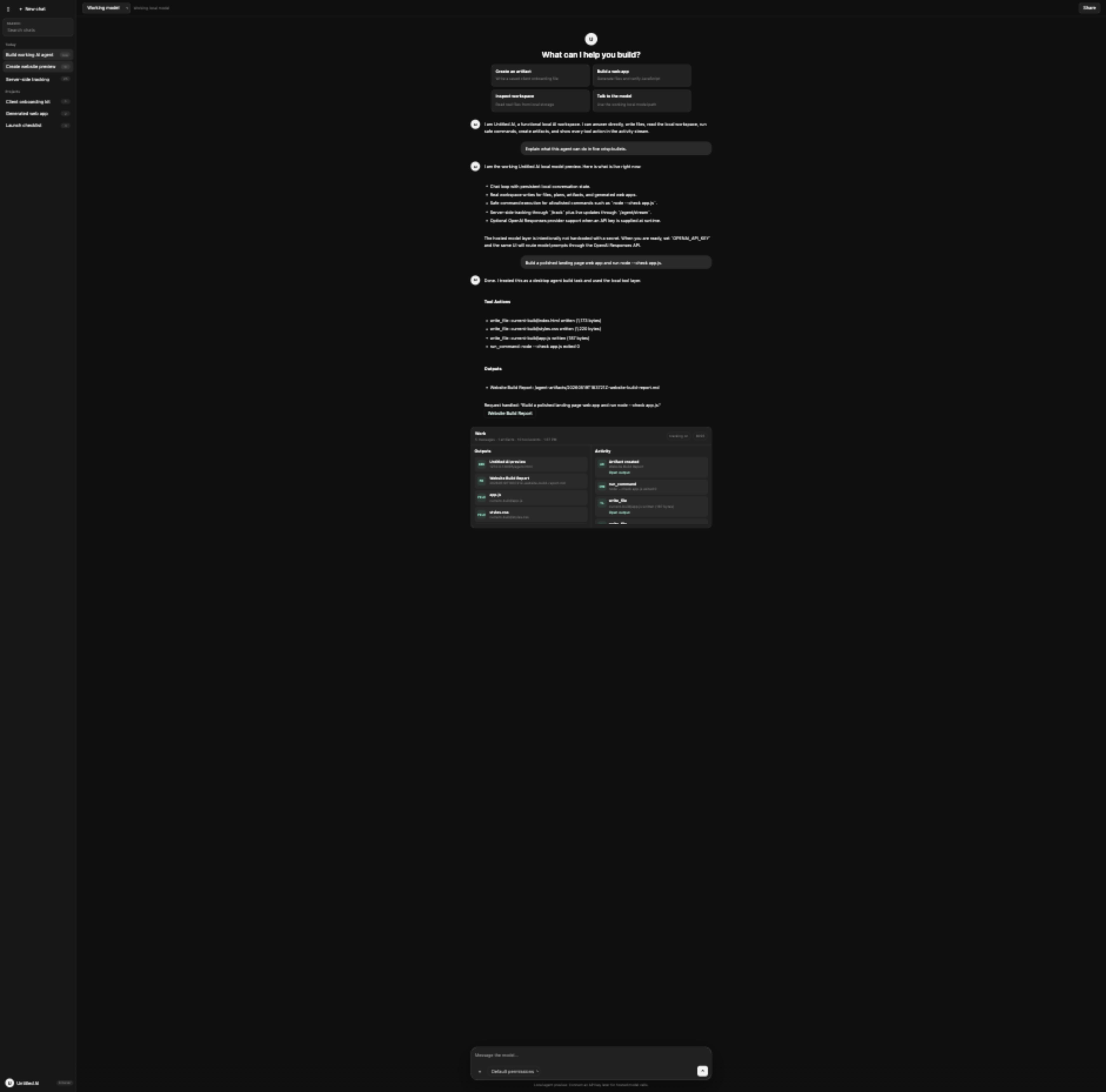 Dark AI agent interface with chat, outputs, activity, and a composer